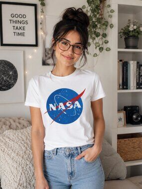 SHEIN NASA Graphic Tee Women's Small White Space Astronaut Galaxy STEM T Shirt